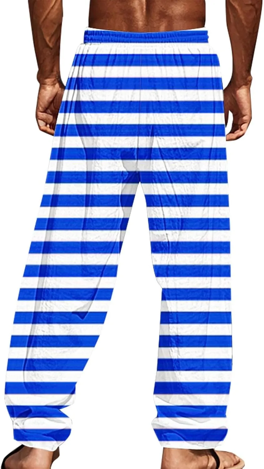 Beach Pants Men Baggy Striped Wide Leg Drawstrings Elastic Waist Loose Fit Trousers Summer Boho Yoga Pants