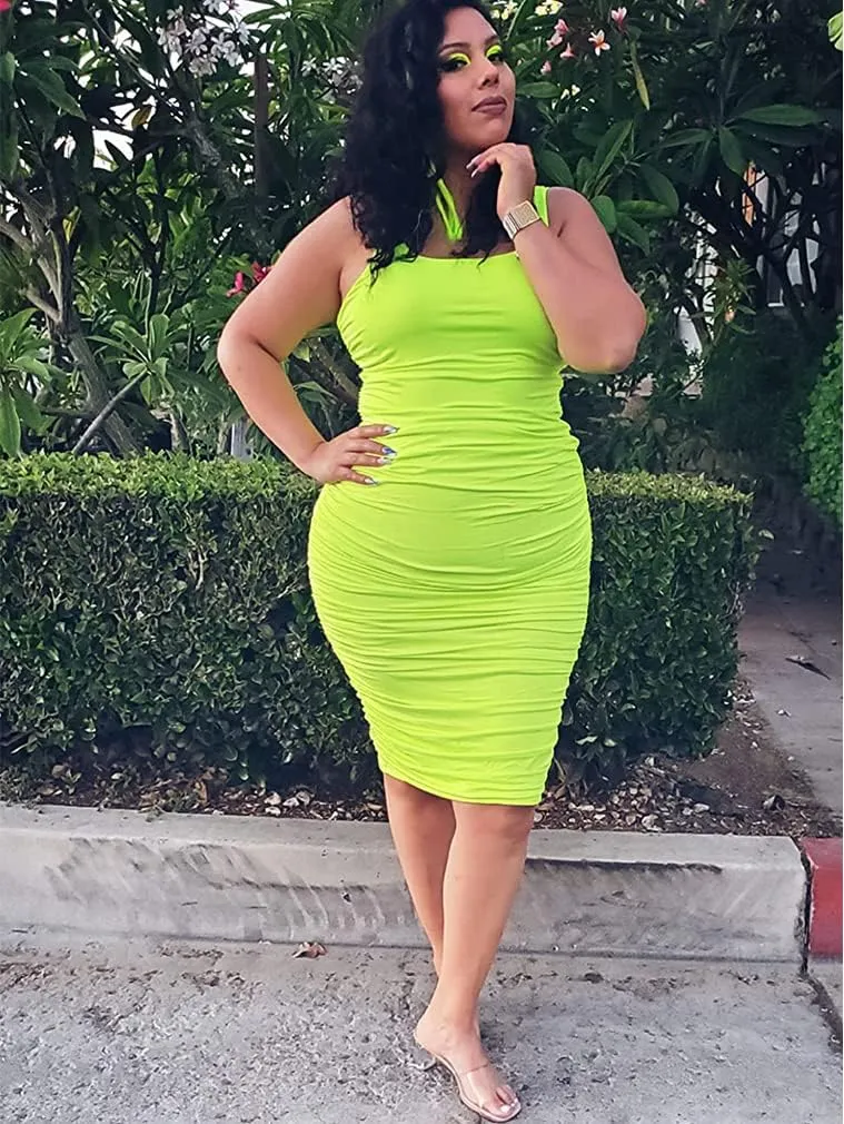 BEAGIMEG Women's Sexy Tank Top Bodycon Ruched Sleeveless Basic Midi Party Dress
