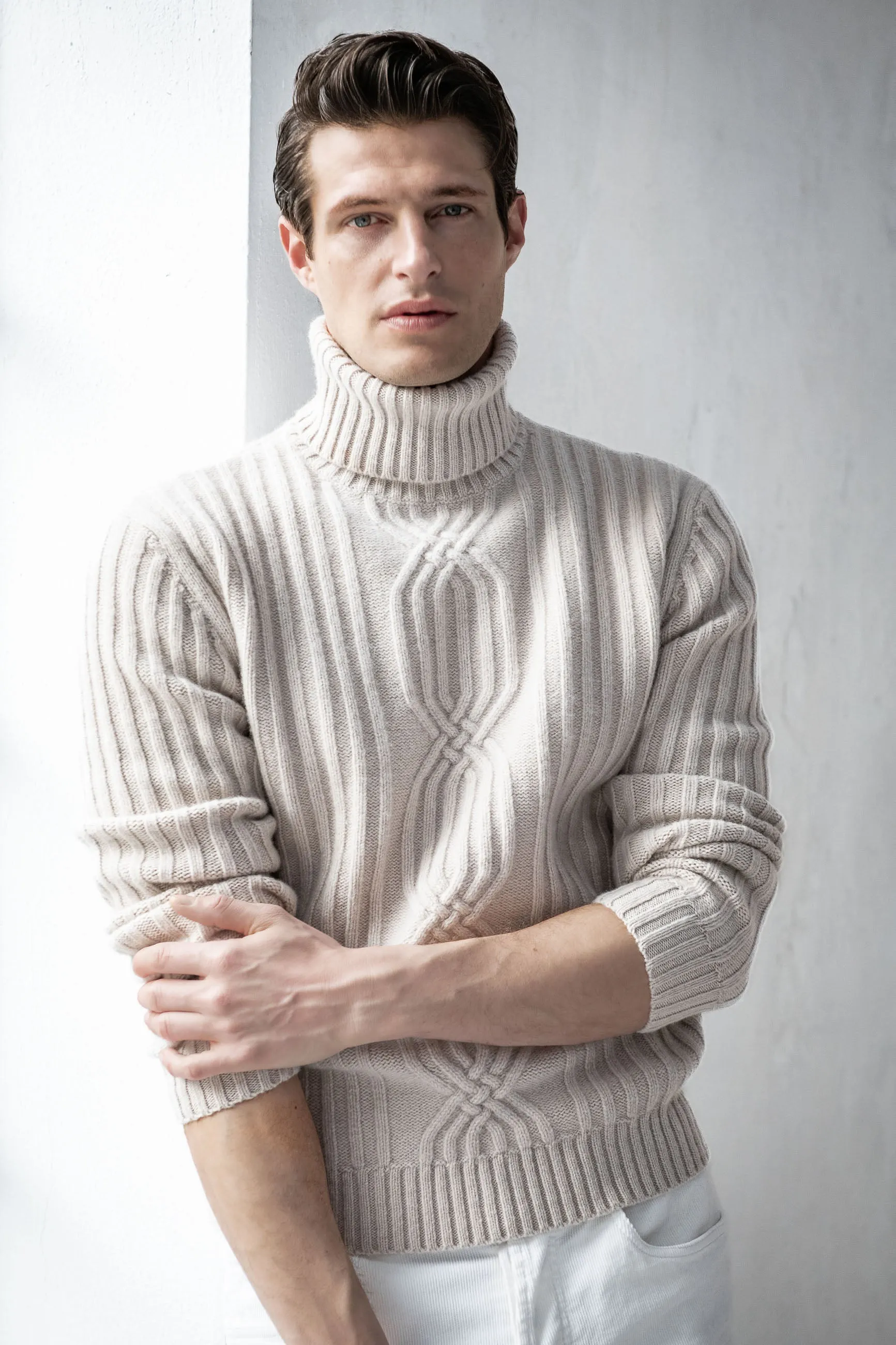 Beige jacquard patterned wool & cashmere turtleneck  Made in Italy