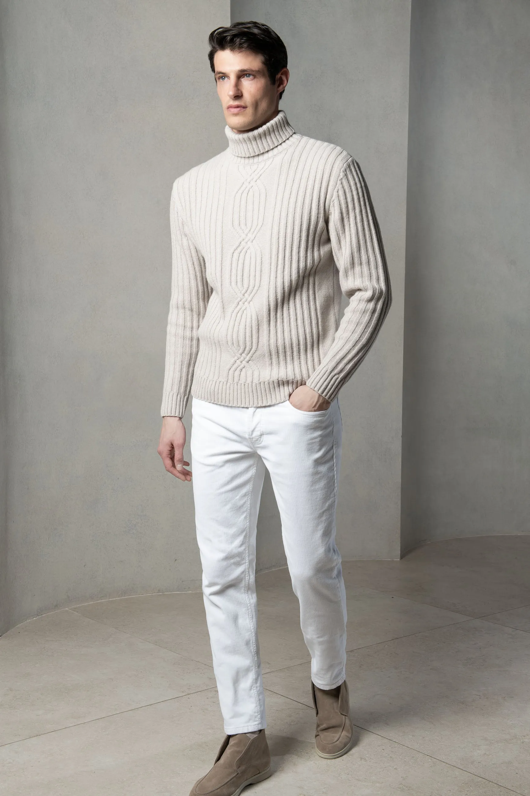 Beige jacquard patterned wool & cashmere turtleneck  Made in Italy