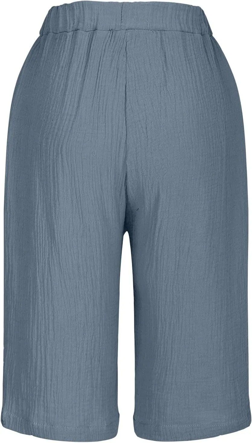 Bermuda Shorts for Women Knee Length Elastic Waist Drawstring Loose Wide Leg Shorts Summer Casual Beach Clothes 2025