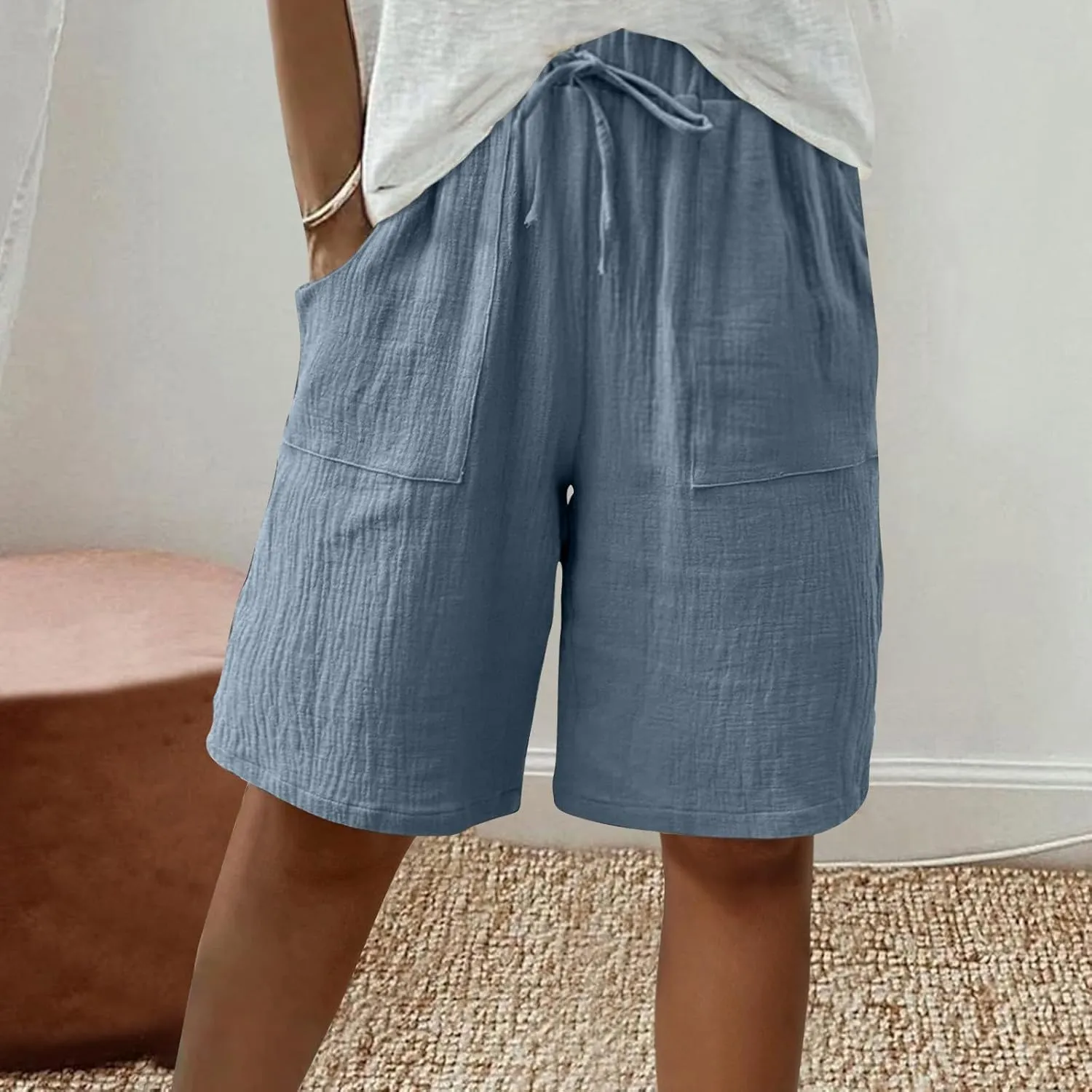 Bermuda Shorts for Women Knee Length Elastic Waist Drawstring Loose Wide Leg Shorts Summer Casual Beach Clothes 2025