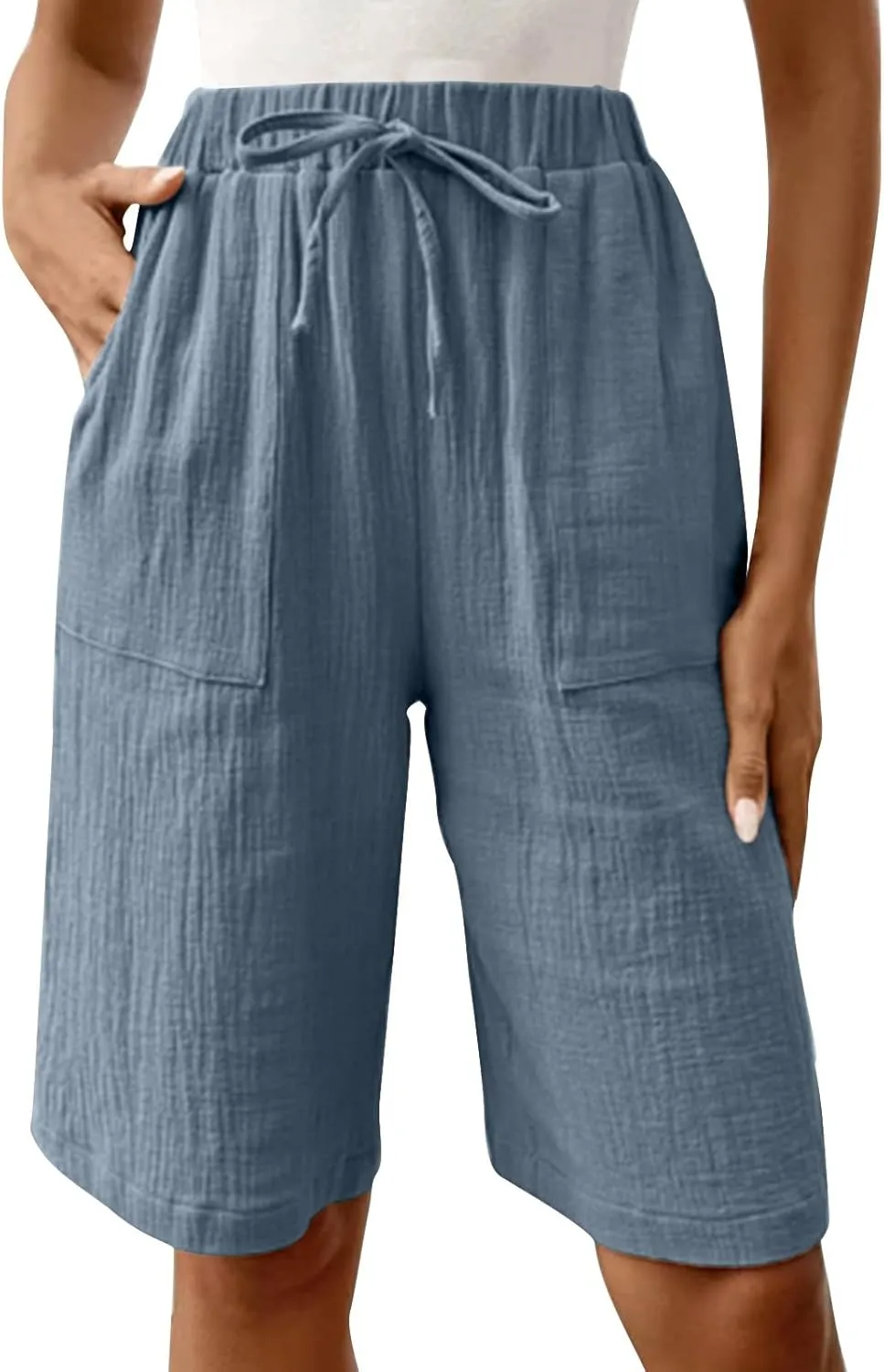 Bermuda Shorts for Women Knee Length Elastic Waist Drawstring Loose Wide Leg Shorts Summer Casual Beach Clothes 2025