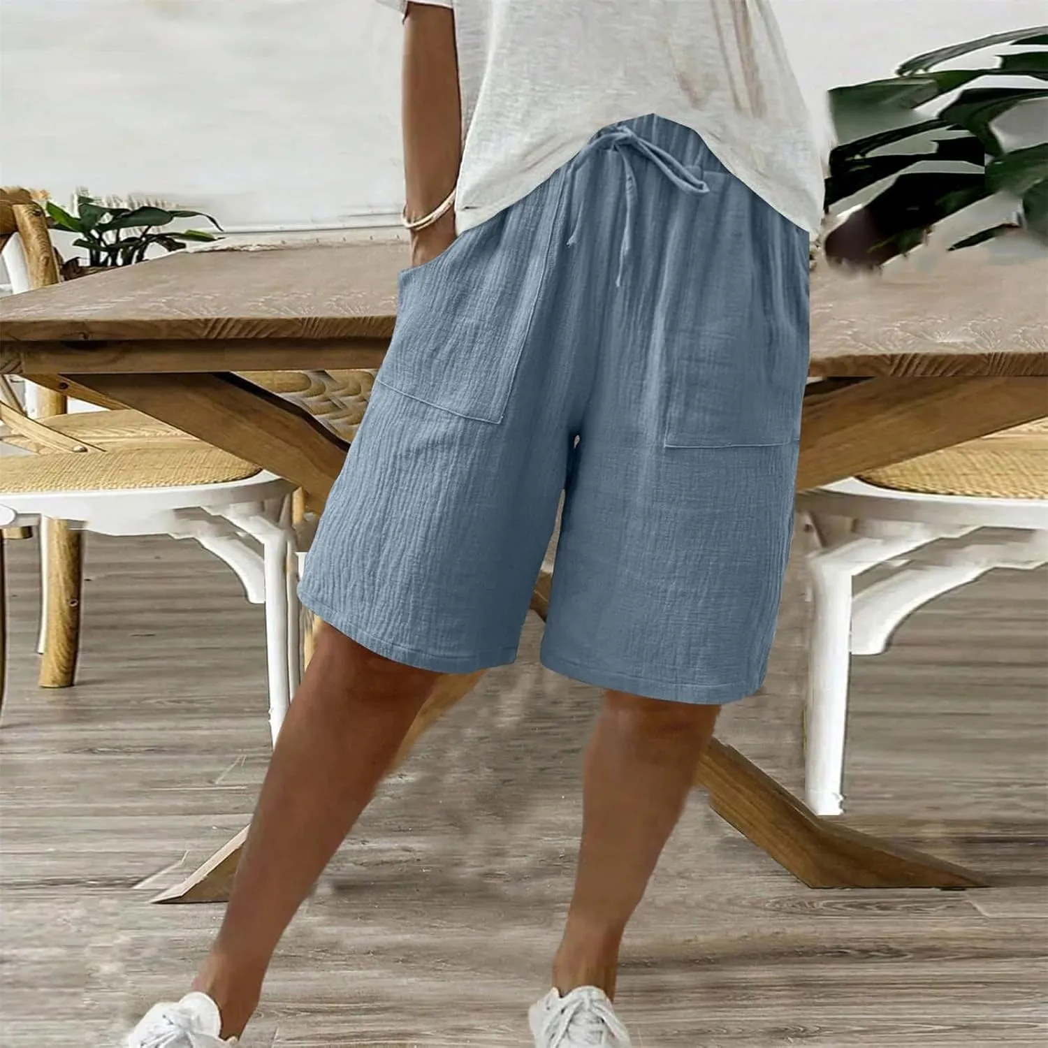 Bermuda Shorts for Women Knee Length Elastic Waist Drawstring Loose Wide Leg Shorts Summer Casual Beach Clothes 2025