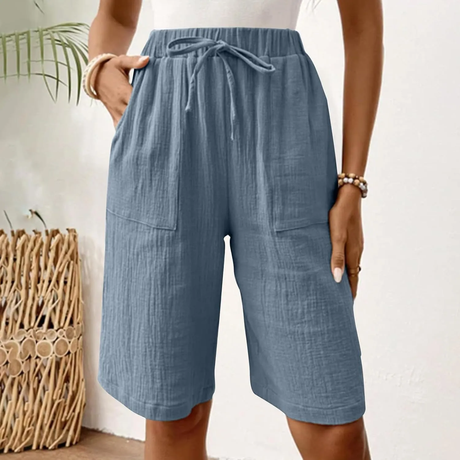 Bermuda Shorts for Women Knee Length Elastic Waist Drawstring Loose Wide Leg Shorts Summer Casual Beach Clothes 2025