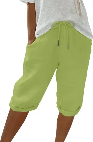 Bermuda Shorts for Women Summer Linen Wide Leg Pants Drawstring High Waist Pants with Pockets Casual Beach Shorts