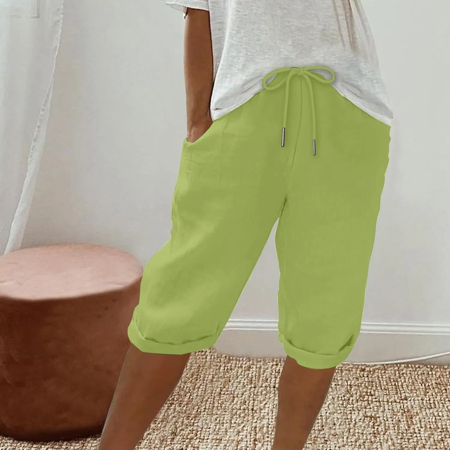 Bermuda Shorts for Women Summer Linen Wide Leg Pants Drawstring High Waist Pants with Pockets Casual Beach Shorts