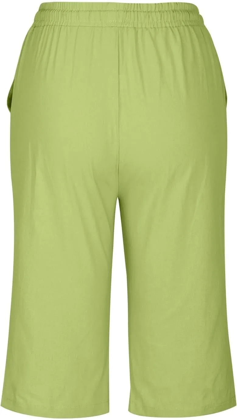 Bermuda Shorts for Women Summer Linen Wide Leg Pants Drawstring High Waist Pants with Pockets Casual Beach Shorts