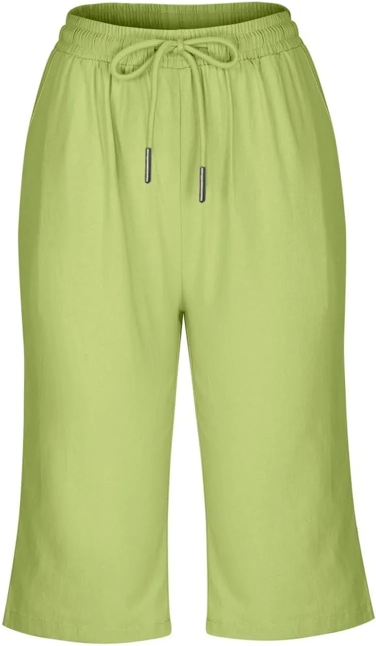 Bermuda Shorts for Women Summer Linen Wide Leg Pants Drawstring High Waist Pants with Pockets Casual Beach Shorts