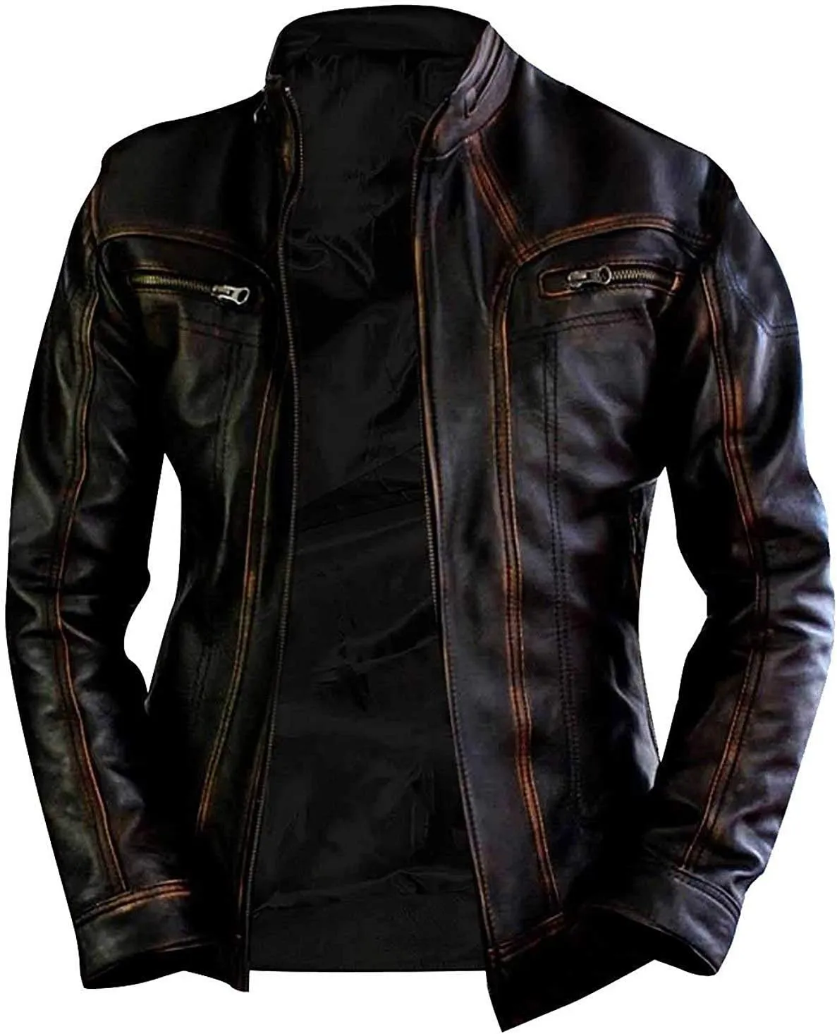 Black Motorcycle Real Leather Jacket - Genuine Lambskin Distressed Leather Biker Jacket Men