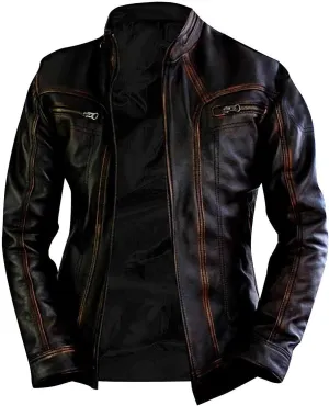 Black Motorcycle Real Leather Jacket - Genuine Lambskin Distressed Leather Biker Jacket Men
