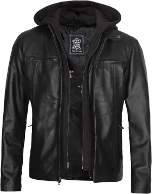 Blingsoul Mens Leather Jacket Removable Hooded Black Leather Jackets For Men