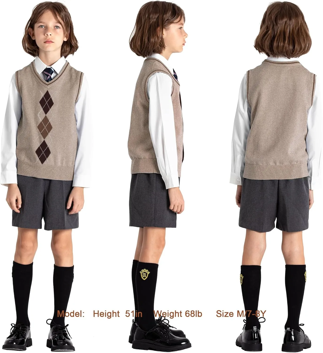 BOBOYOYO Boys Argyle Sweater Vest 100% Cotton V-Neck Vest Kids Uniform Sleeveless Sweaters for Children 5-12Y