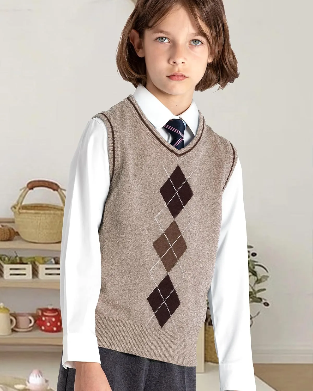 BOBOYOYO Boys Argyle Sweater Vest 100% Cotton V-Neck Vest Kids Uniform Sleeveless Sweaters for Children 5-12Y