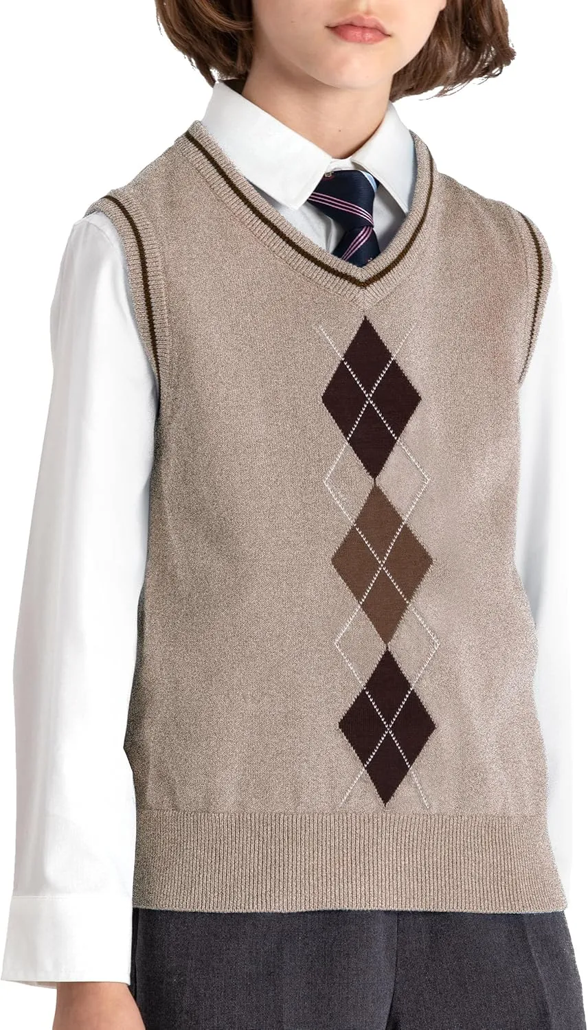 BOBOYOYO Boys Argyle Sweater Vest 100% Cotton V-Neck Vest Kids Uniform Sleeveless Sweaters for Children 5-12Y