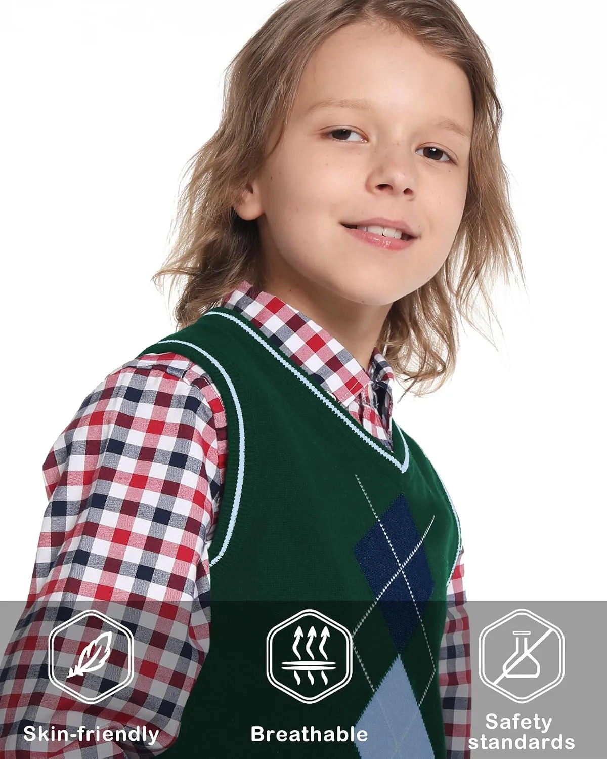 BOBOYOYO Boys Argyle Sweater Vest 100% Cotton V-Neck Vest Kids Uniform Sleeveless Sweaters for Children 5-12Y