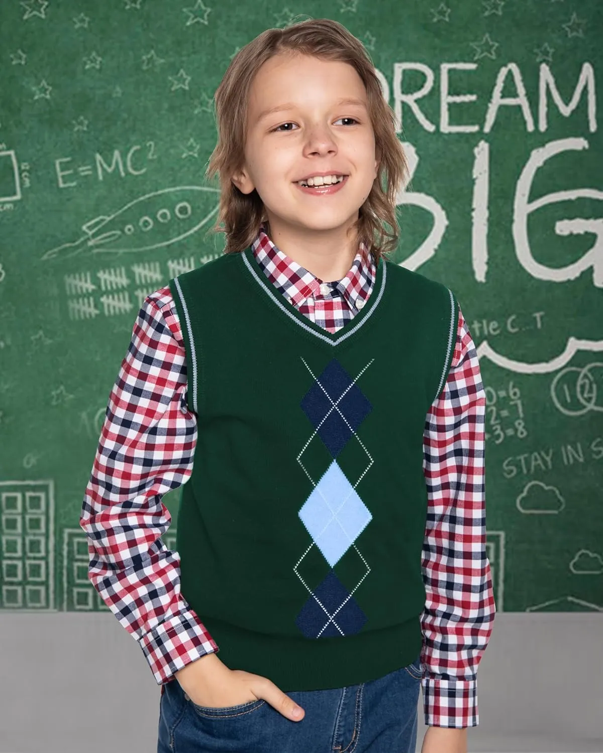 BOBOYOYO Boys Argyle Sweater Vest 100% Cotton V-Neck Vest Kids Uniform Sleeveless Sweaters for Children 5-12Y