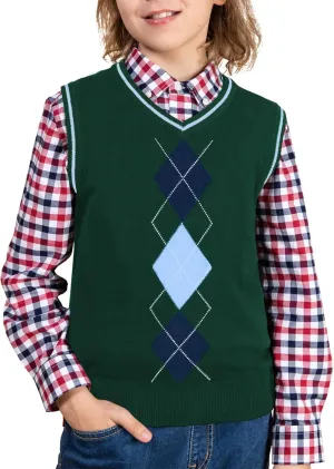 BOBOYOYO Boys Argyle Sweater Vest 100% Cotton V-Neck Vest Kids Uniform Sleeveless Sweaters for Children 5-12Y