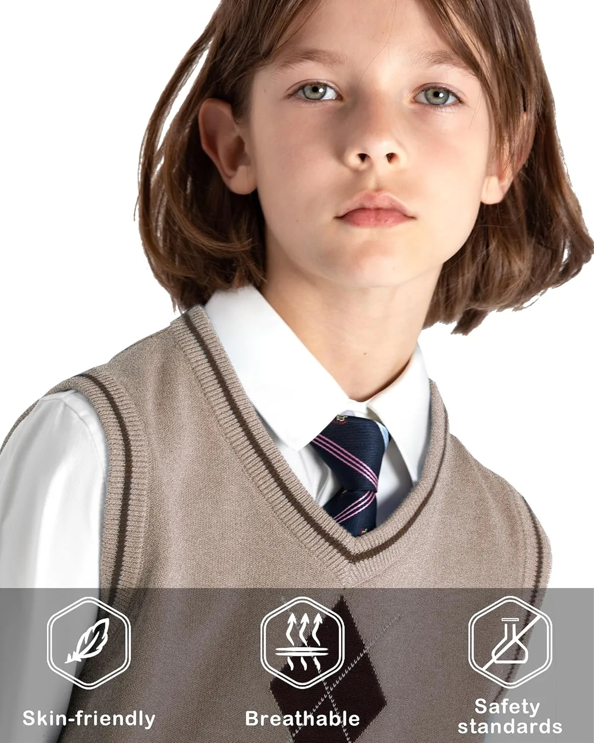 BOBOYOYO Boys Argyle Sweater Vest 100% Cotton V-Neck Vest Kids Uniform Sleeveless Sweaters for Children 5-12Y