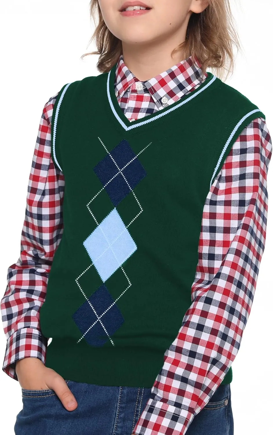 BOBOYOYO Boys Argyle Sweater Vest 100% Cotton V-Neck Vest Kids Uniform Sleeveless Sweaters for Children 5-12Y