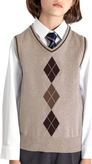 BOBOYOYO Boys Argyle Sweater Vest 100% Cotton V-Neck Vest Kids Uniform Sleeveless Sweaters for Children 5-12Y