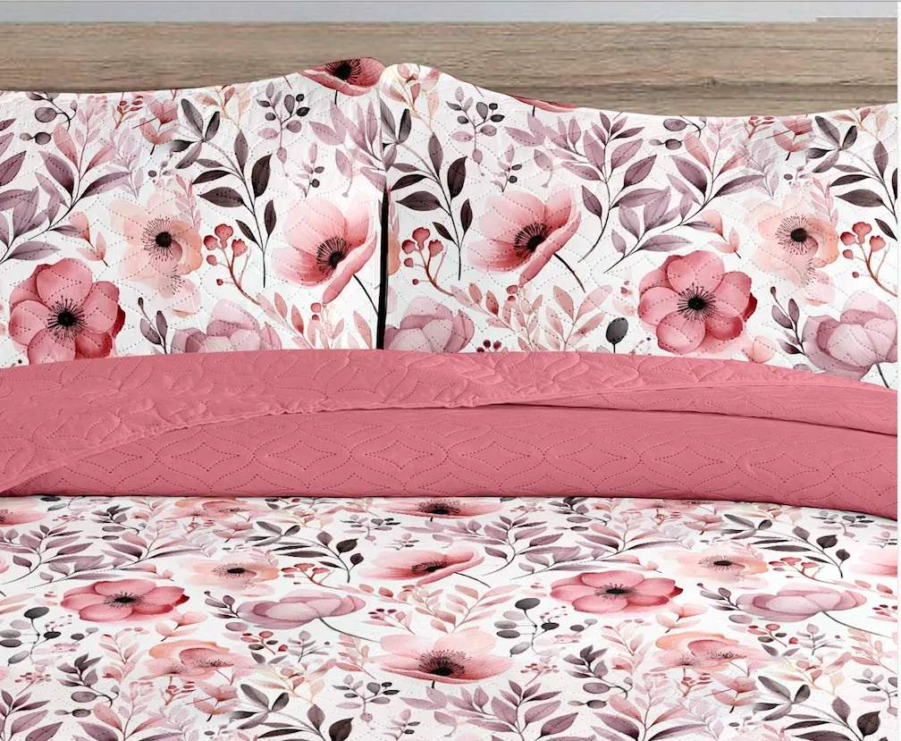 Bohemian Rose Pink Floral Printed Cotton Reversible Summer Lightweight Quilt Set