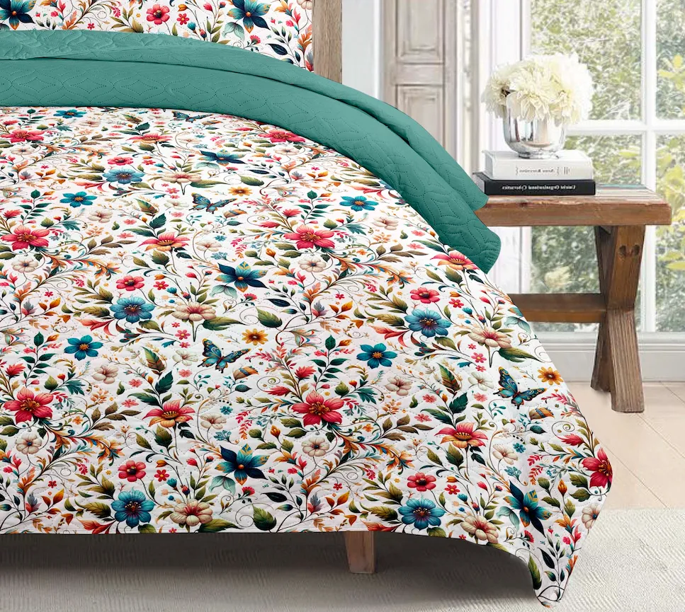 Boho Dream Floral Printed Cotton Reversible Summer Lightweight Quilt Set