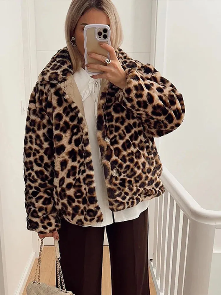 Bonnyshow Casual Double Side Wearing Women's Coat Fashion Retro Loose Plush Leopard Coats Women Winter Thick Windproof Warm Outerwears