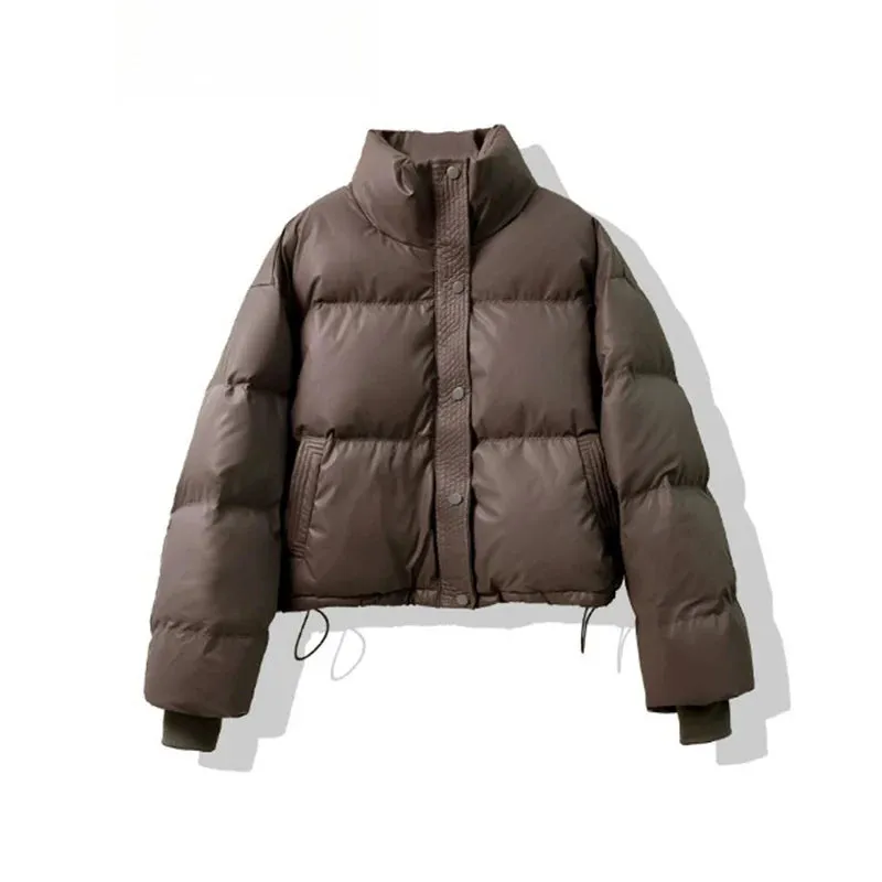 Bonnyshow Solid Color Leather Women's Coat Fashion Simple Casual Single Breasted Short Coats Women Winter Thick Warm Windproof Outerwears