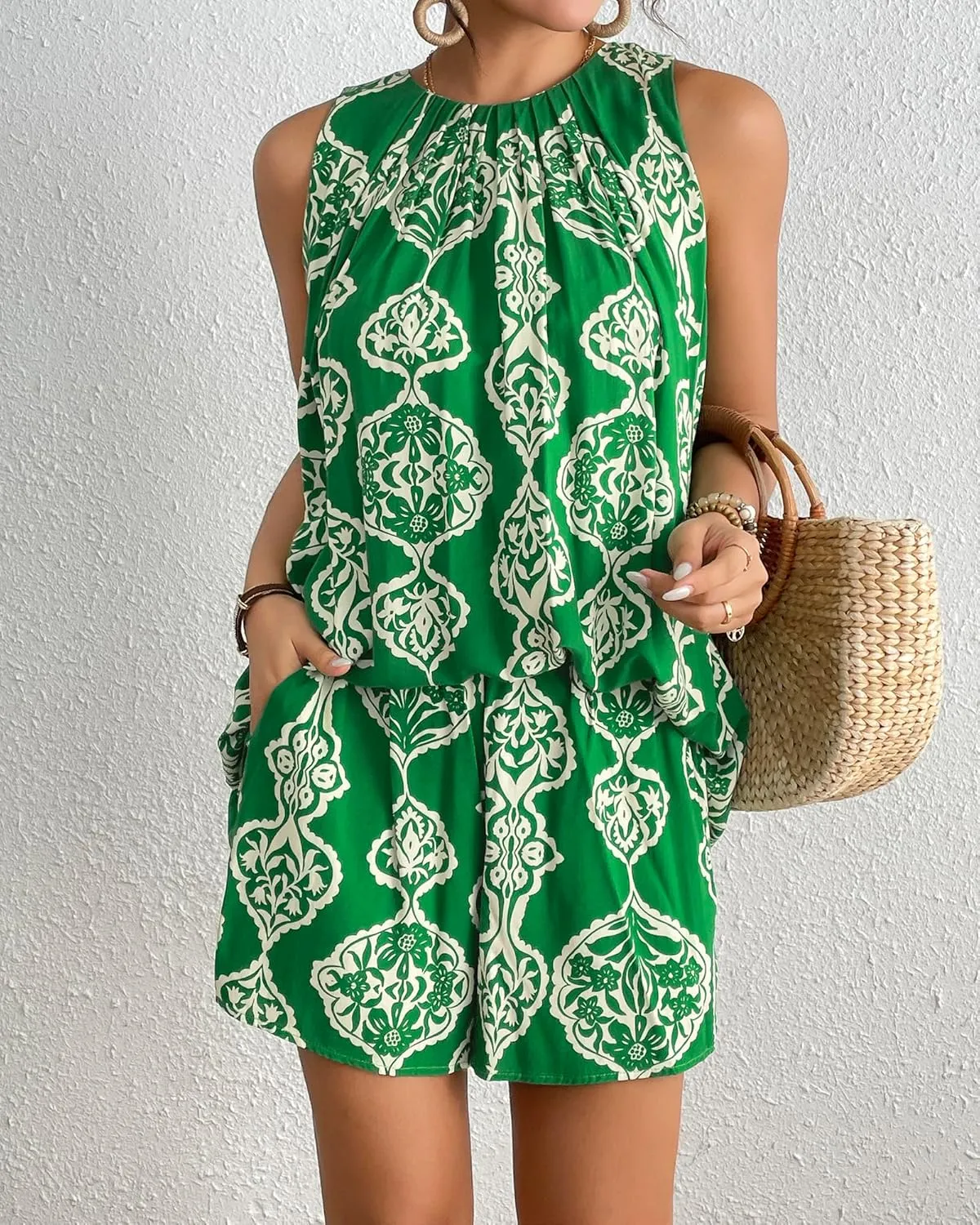 Bsubseach Two Piece Shorts Sets For Women Floral Print Short Set Sleeveless Top And Shorts Beach Vacation Set