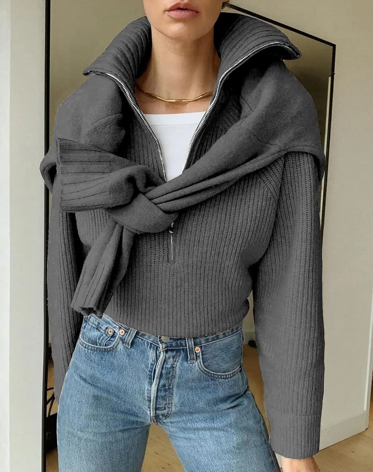 BTFBM Womens Casual Long Sleeve Half Zip Pullover Sweaters Solid V Neck Collar Ribbed Knitted Loose Slouchy Jumper Tops
