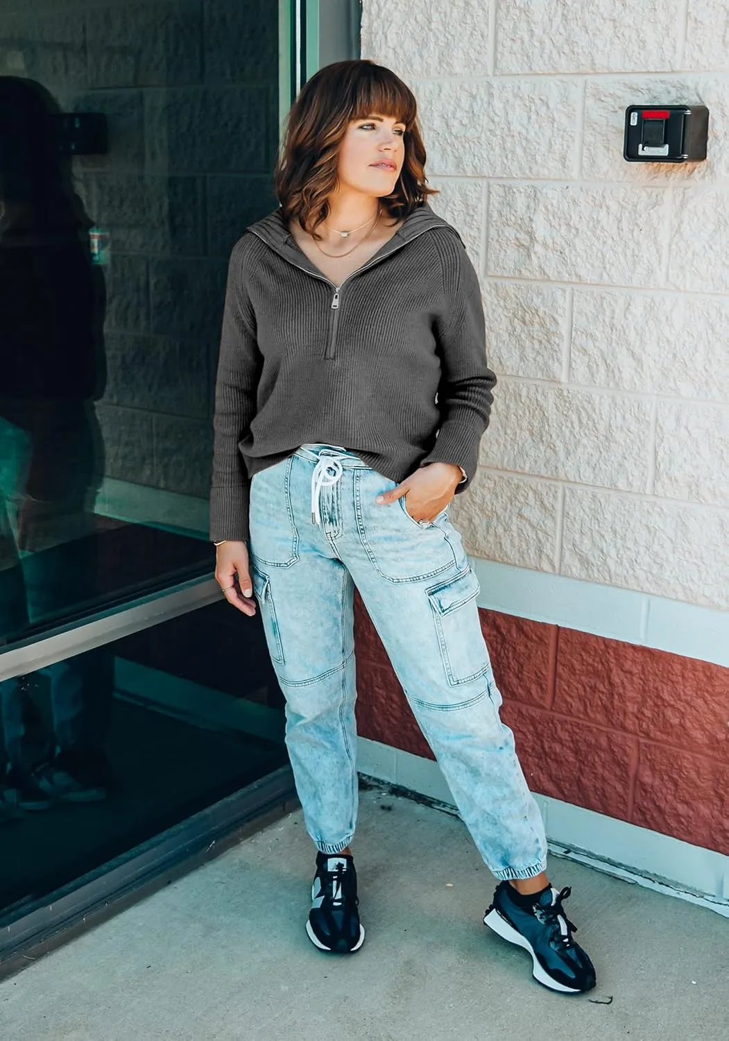 BTFBM Womens Casual Long Sleeve Half Zip Pullover Sweaters Solid V Neck Collar Ribbed Knitted Loose Slouchy Jumper Tops