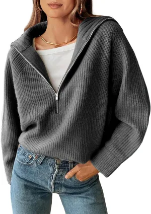 BTFBM Womens Casual Long Sleeve Half Zip Pullover Sweaters Solid V Neck Collar Ribbed Knitted Loose Slouchy Jumper Tops