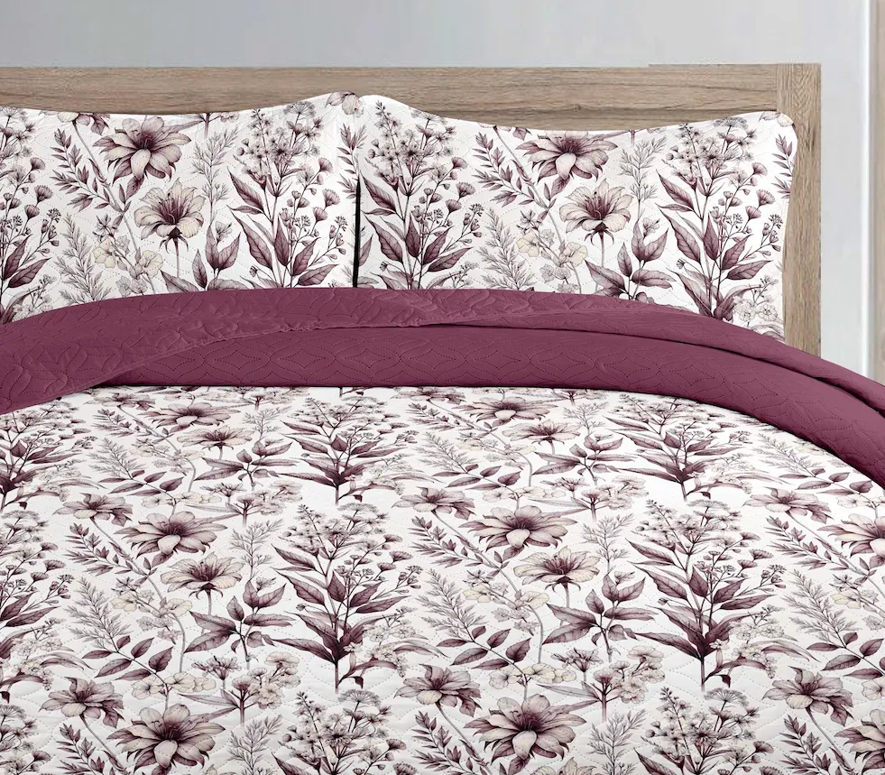 Burgundy Autumn Floral Printed Cotton Reversible Summer Lightweight Quilt Set