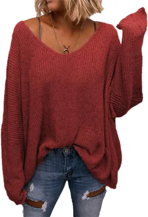 BZB Women's V Neck Long Sleeve Knit Loose Oversized Pullover Sweater Top