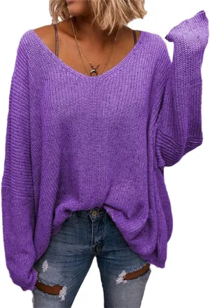 BZB Women's V Neck Long Sleeve Knit Loose Oversized Pullover Sweater Top