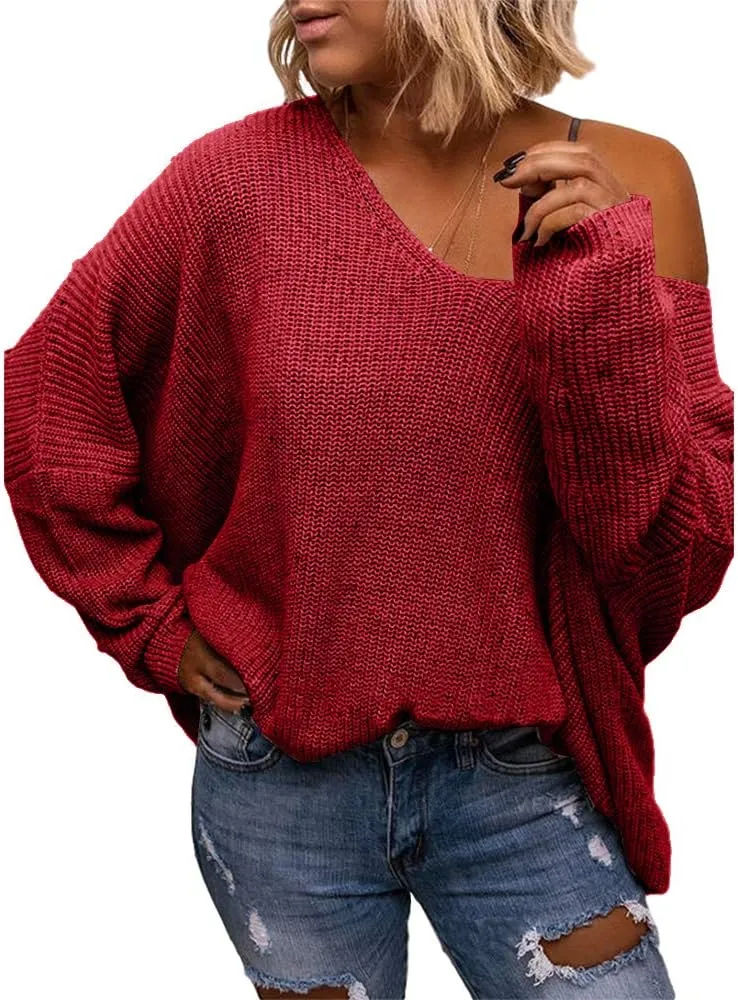 BZB Women's V Neck Long Sleeve Knit Loose Oversized Pullover Sweater Top