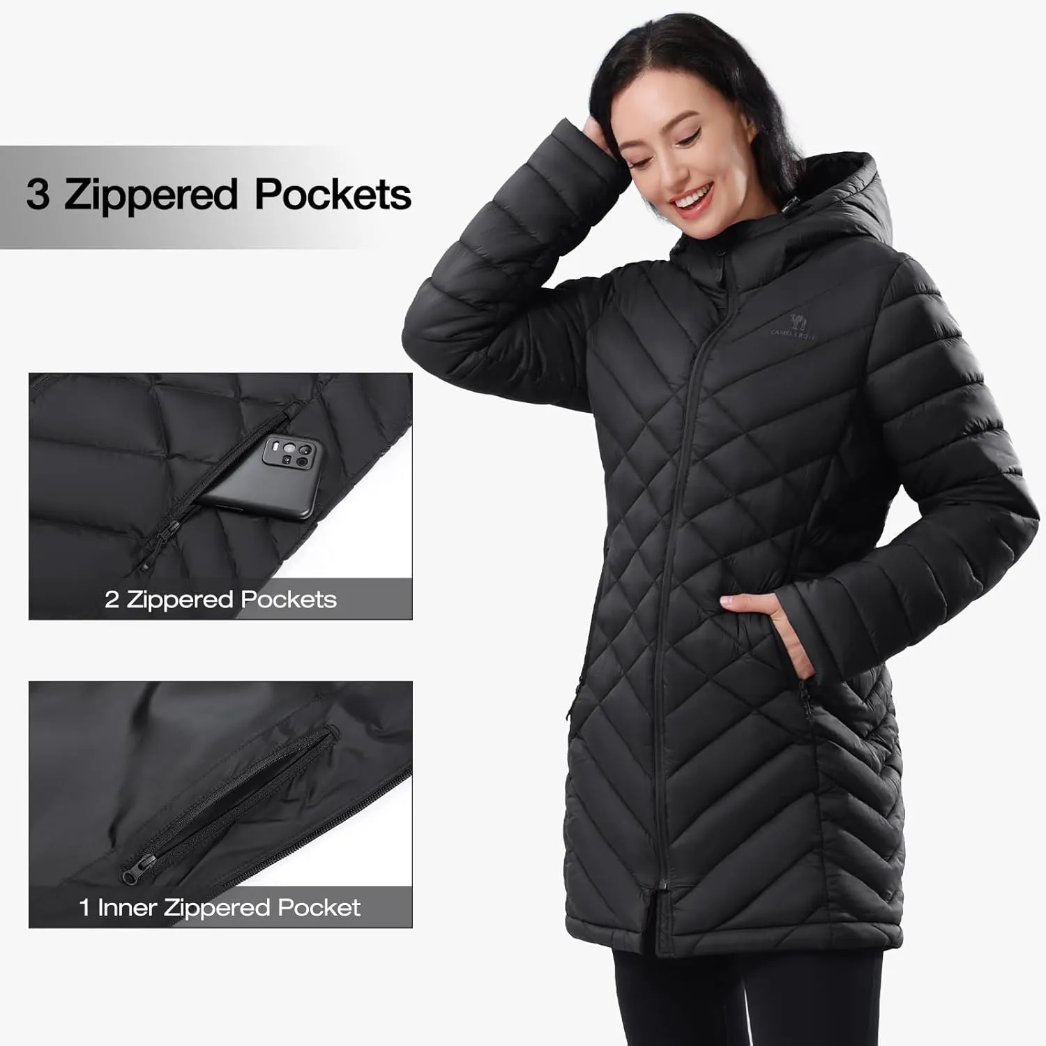CAMELSPORTS Women's Down Jacket Hooded Windproof Puffer Coat Packable Warm Winter Jacket Lightweight Ladies Parka