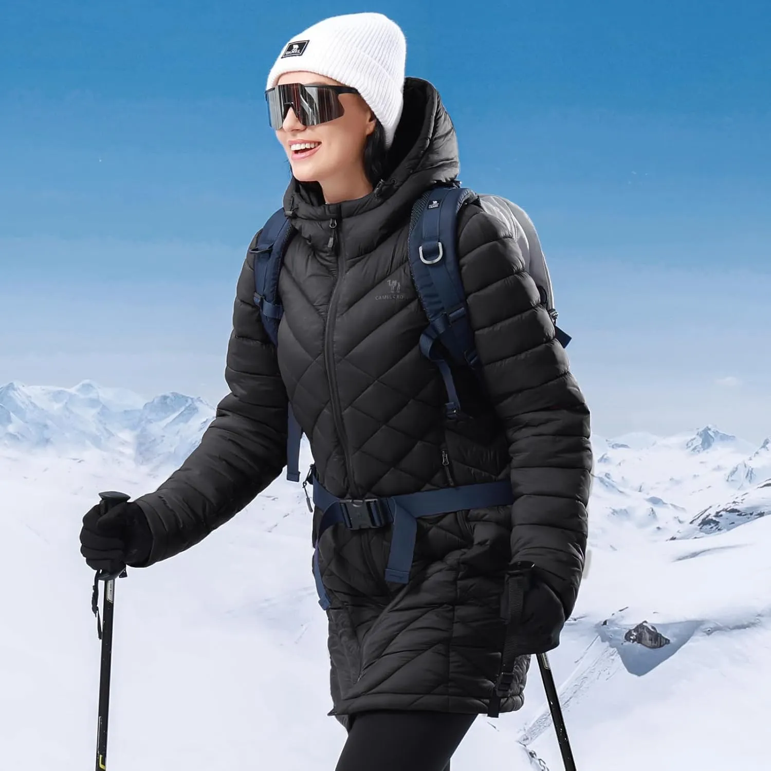 CAMELSPORTS Women's Down Jacket Hooded Windproof Puffer Coat Packable Warm Winter Jacket Lightweight Ladies Parka