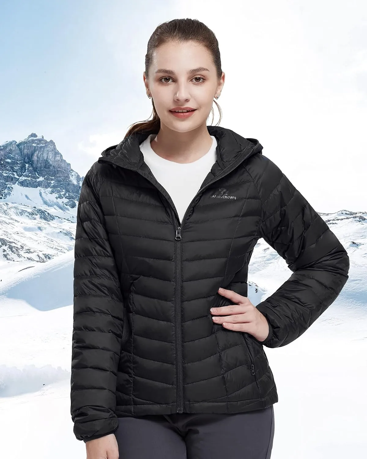 CAMELSPORTS Women's Down Jacket Hooded Winter Light Weight Short Puffer Coats Packable Warm Windproof Ladies Parka