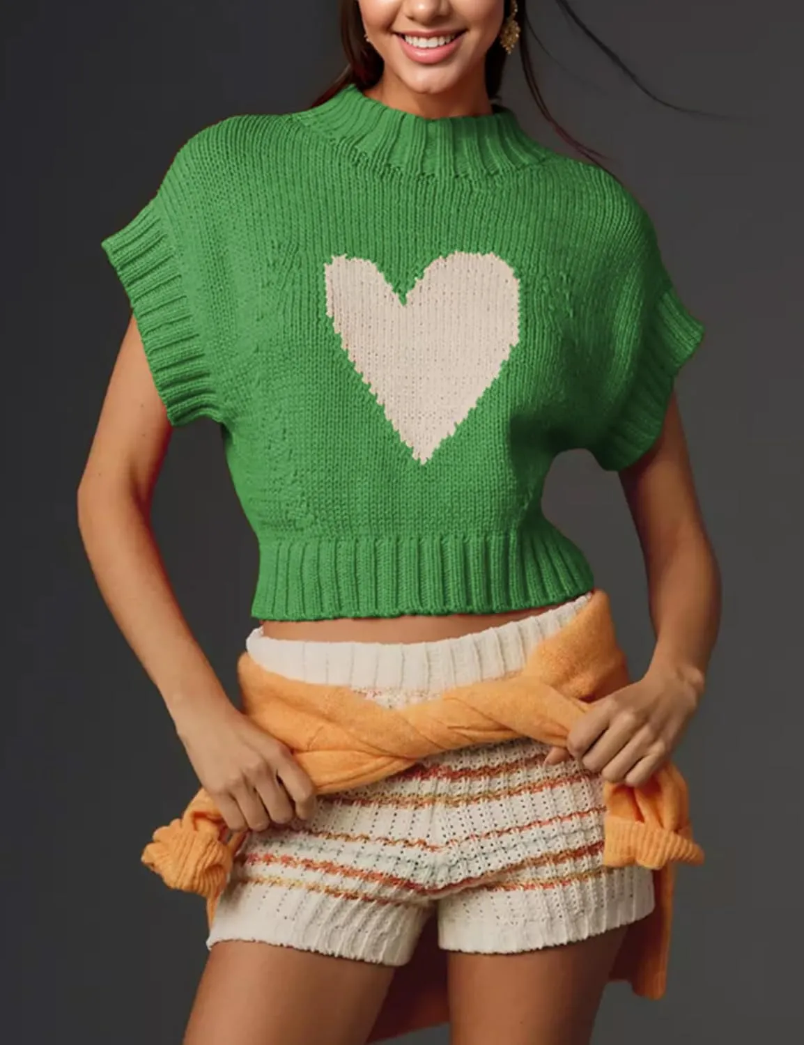 Cap Sleeve Sweater Tank Tops for Women Mock Neck Sweater Vest Cute Heart Knit Cropped Pullover Top