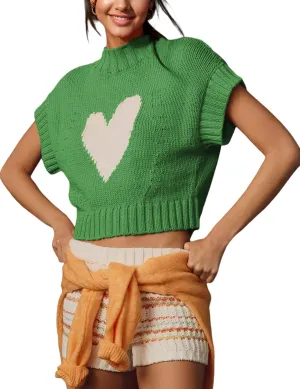 Cap Sleeve Sweater Tank Tops for Women Mock Neck Sweater Vest Cute Heart Knit Cropped Pullover Top