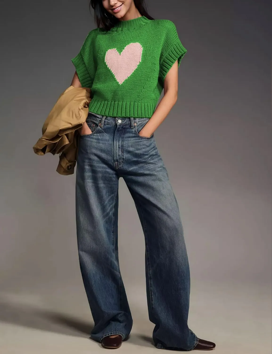 Cap Sleeve Sweater Tank Tops for Women Mock Neck Sweater Vest Cute Heart Knit Cropped Pullover Top