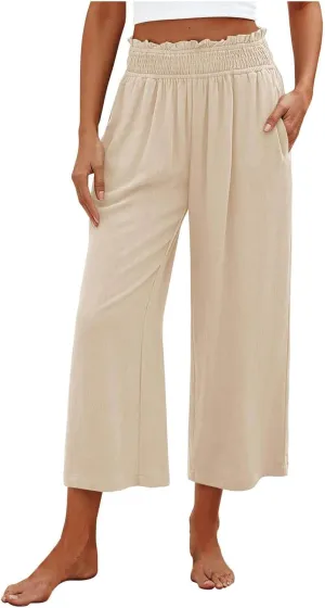 Capri Linen Pants for Women Summer Plus Size Elastic Waist Pants Straight Leg Lounge Pant Casual Cropped Pants