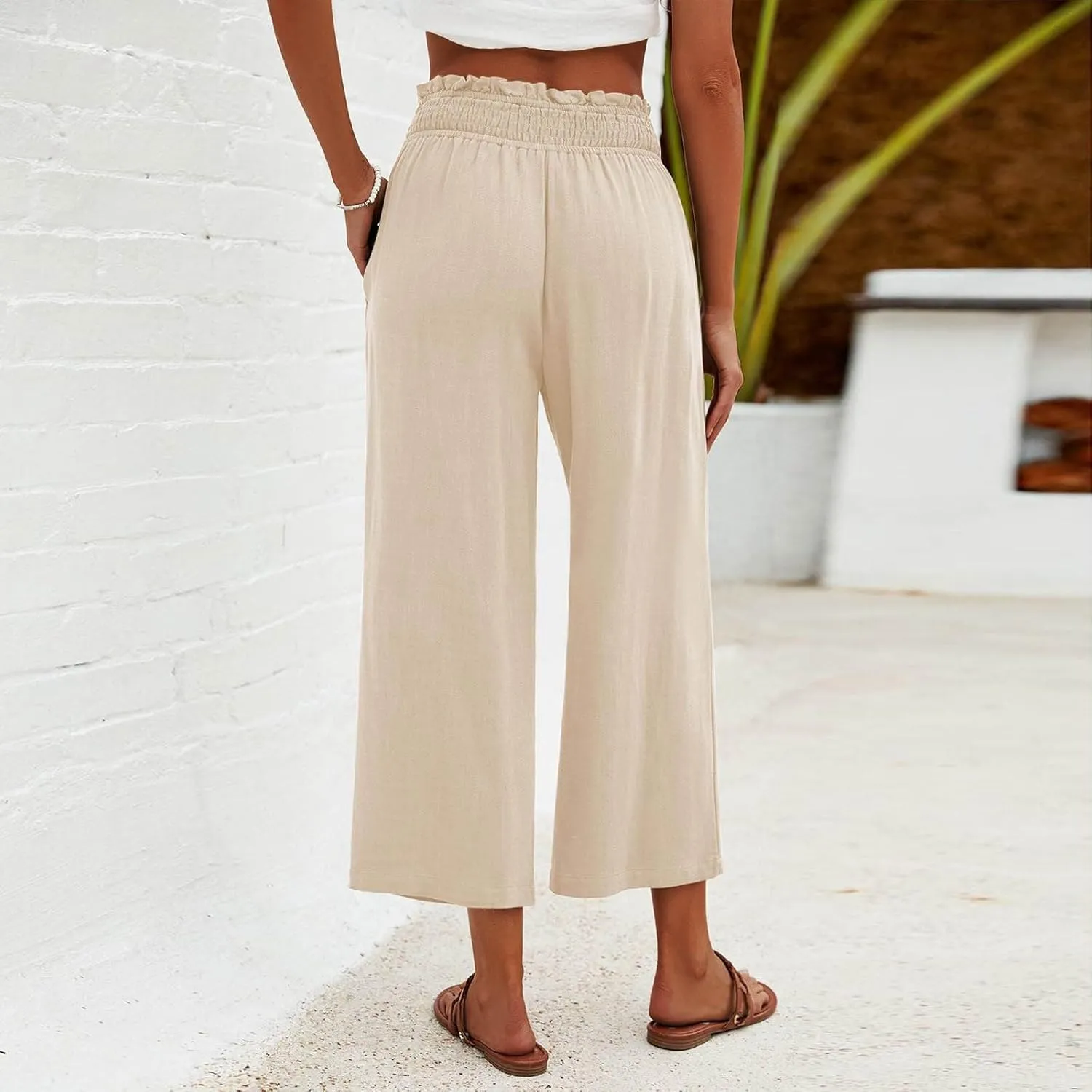 Capri Linen Pants for Women Summer Plus Size Elastic Waist Pants Straight Leg Lounge Pant Casual Cropped Pants