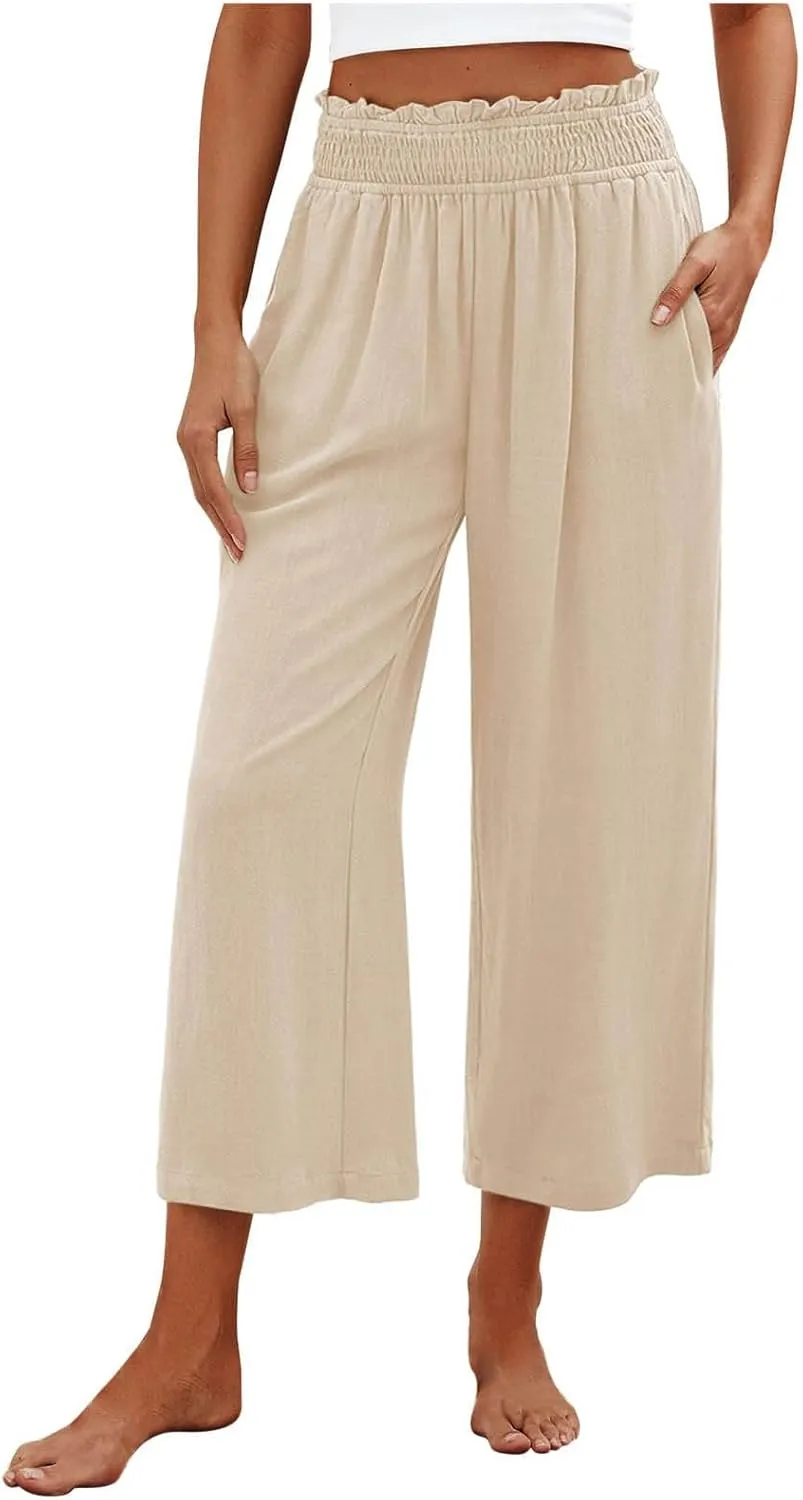 Capri Linen Pants for Women Summer Plus Size Elastic Waist Pants Straight Leg Lounge Pant Casual Cropped Pants