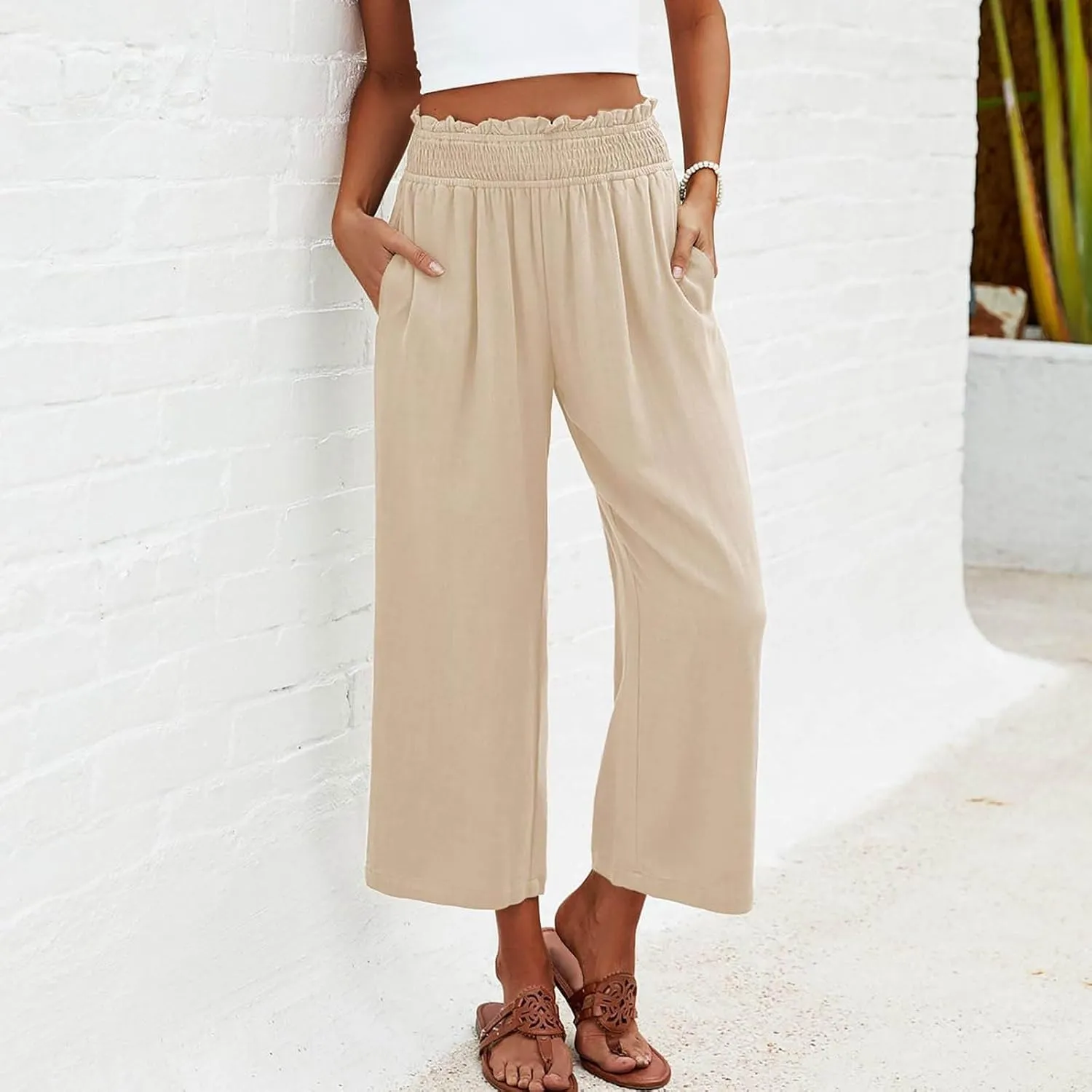 Capri Linen Pants for Women Summer Plus Size Elastic Waist Pants Straight Leg Lounge Pant Casual Cropped Pants