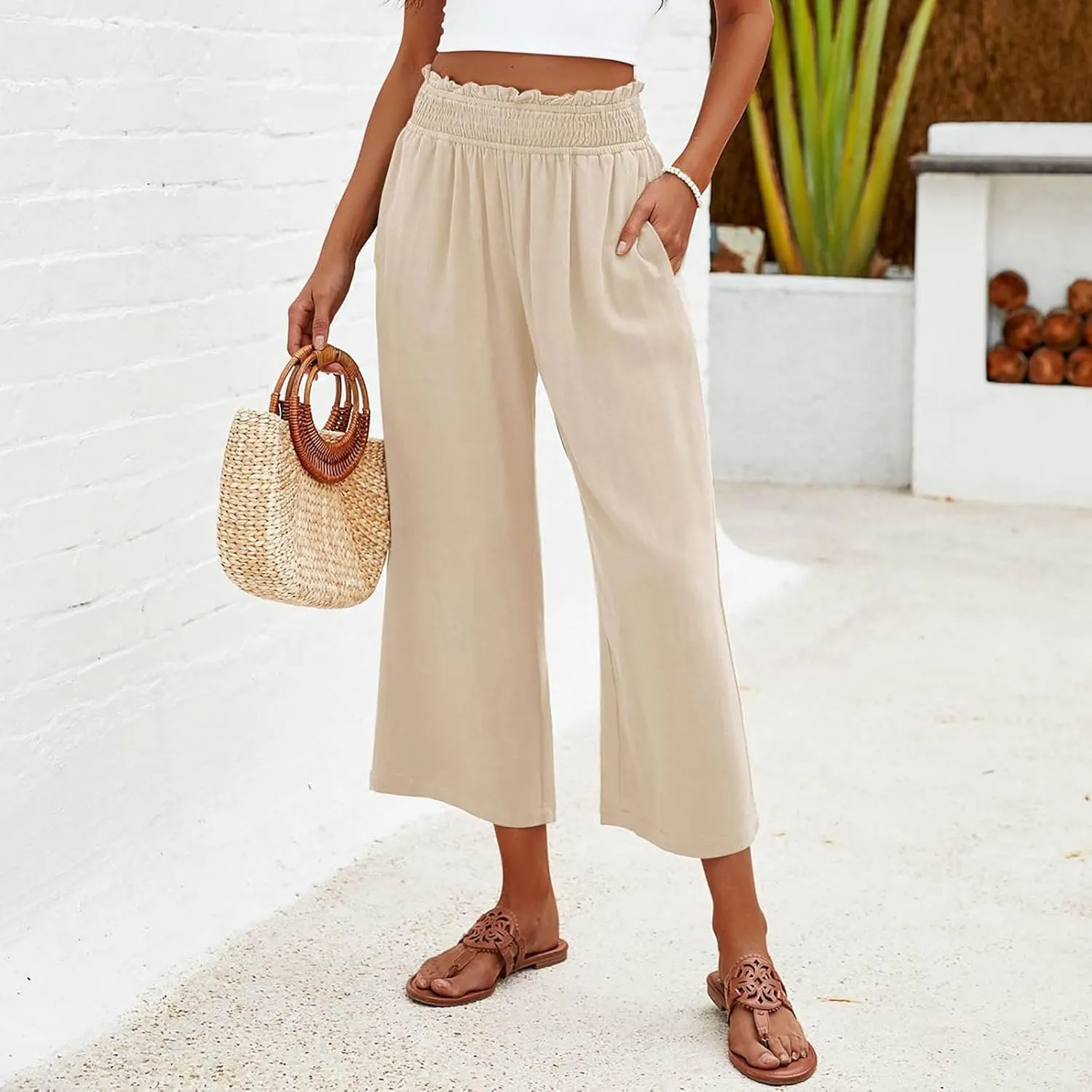 Capri Linen Pants for Women Summer Plus Size Elastic Waist Pants Straight Leg Lounge Pant Casual Cropped Pants