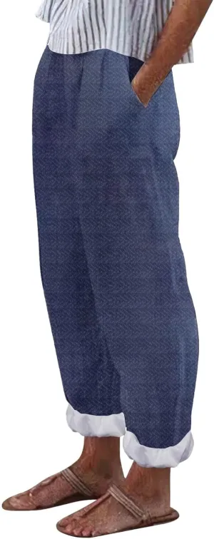 Capri Pants for Women Cotton Linen Elastic High Waisted Straight Leg Lounge Pants Casual Loose Summer Trousers