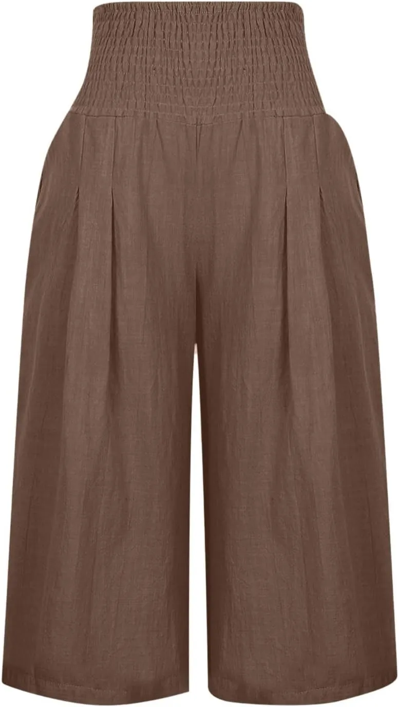 Capri Pants for Women Cotton Linen Summer Casual Wide Leg Capris Smocked High Waist Cropped Trousers with Pockets